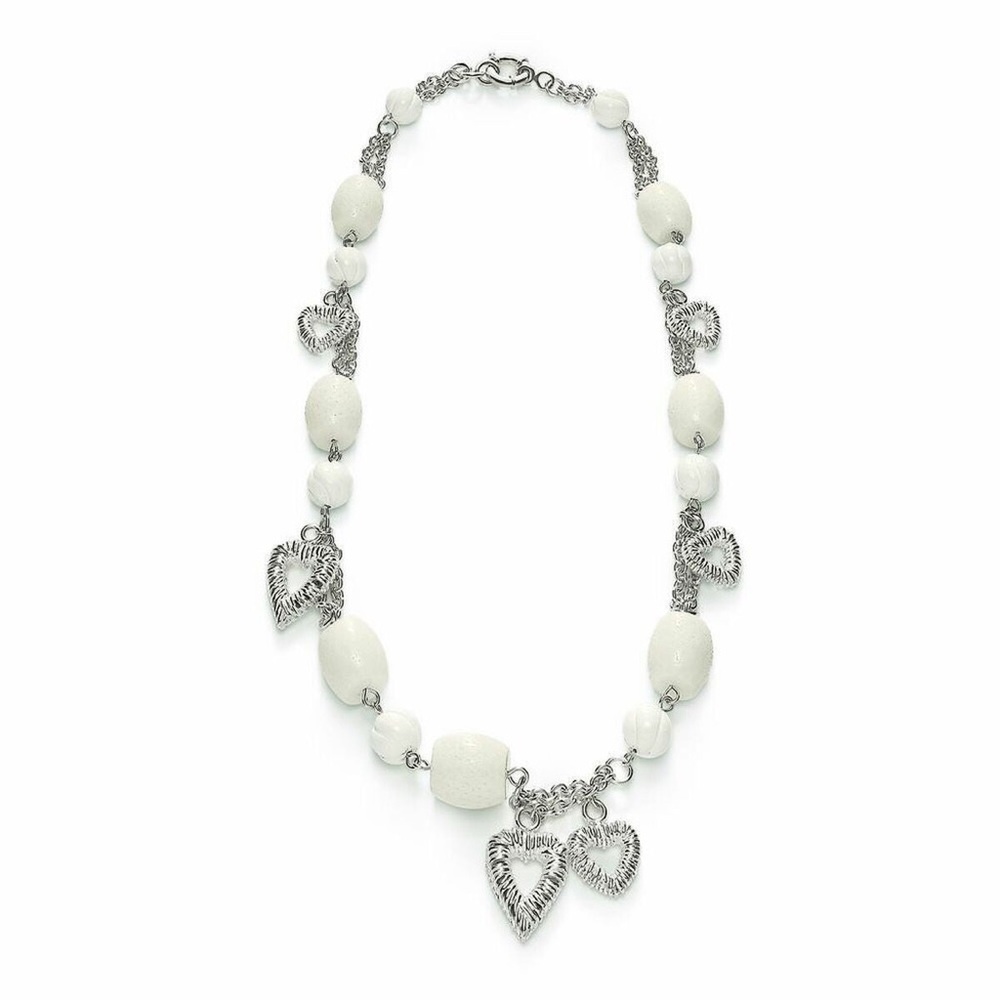 Folli Follie Silver Heart and White Bead Necklace 50 cm